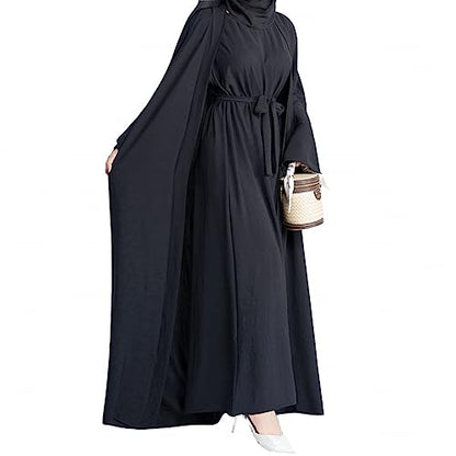 2PCS Women's Muslim Dresses Abaya Islamic Dubai Prayer Dress Robe Long Cardigan Maxi Dress - color: Black, size: X-Large