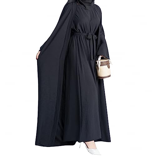 2PCS Women's Muslim Dresses Abaya Islamic Dubai Prayer Dress Robe Long Cardigan Maxi Dress - color: Black, size: Large