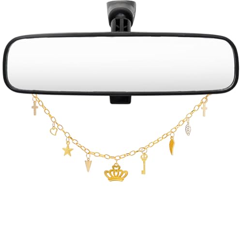 Rearview Mirror Hanging Ornament Gold Car Charm with Crown Cross Star Heart Feather Key and Cone Shapes Aluminum Cute Feminine Aesthetic Rearview Mirror Hanging Car Accessories for Women - style: Gold