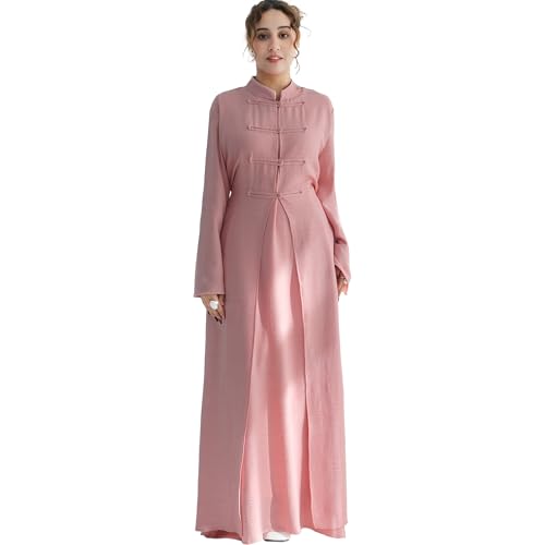 Lenmipot Elegant Middle Eastern Abaya 2pcs Stand Collar Maxi Dress for Women Muslim Jilbab Kaftan Eid Dubai Abaya Outfits - color: Pinka, size: Medium