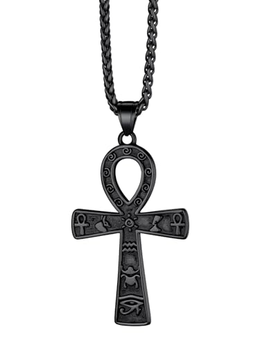 Richsteel Stainless Steel/Gold/Black Plated Ankh Cross Pendant Necklace for Men Women with Wheat Chain Religious Jewelry(with Gift Box) - color: 01-Black Hieroglyphs