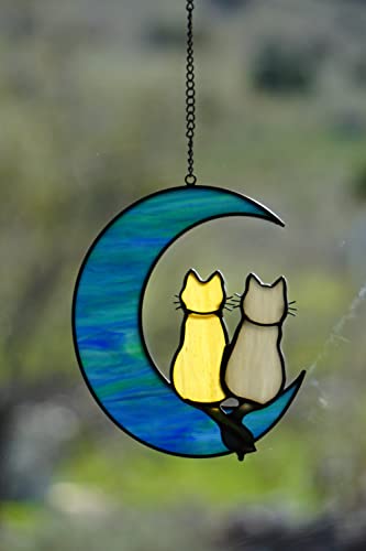 Cat Stained Glass Suncatcher, Cat on Moon Window Hanging Decor - color: Cats and Moon
