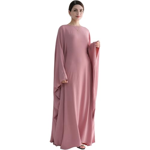 Muslim Abaya Dress Women Middle East Arabian Prayer Robe Batwing Maxi Kaftan Abaya Dress with Hijab - color: Pink