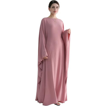 Muslim Abaya Dress Women Middle East Arabian Prayer Robe Batwing Maxi Kaftan Abaya Dress with Hijab - color: Pink