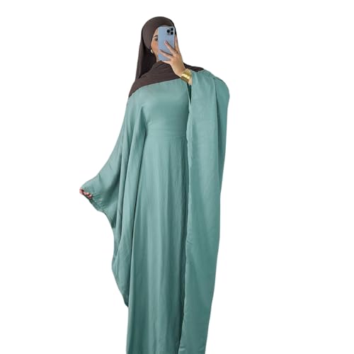 Abaya Dress for Women Soft Crepe Like Linen Khimar Butterfly Batwing Dubai Islam Muslim Kaftan Modest Prayer Dress - color: Green, size: Large