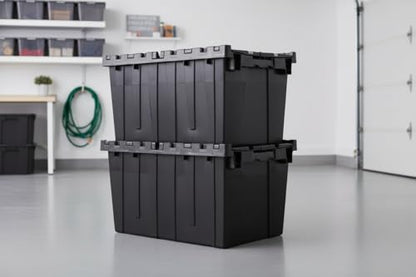 Hudson Exchange 21.9 x 15.2 x 12.8” (3 Pack) Storage Tote Distribution Container with Hinged Attached Lid, Black - color: Black