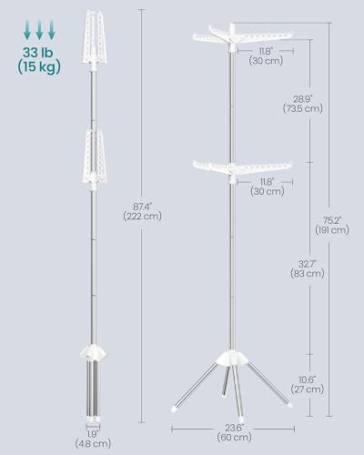 SONGMICS 2단 의류 건조대, 190cm(75.2인치) 접이식 세탁 건조대, 행거용 6개의 회전 가능한 암, 스테인리스 스틸, 옷 54개, 화이트 및 실버 ULLR514W01 - color: 화이트 + 실버, style: 2단 행