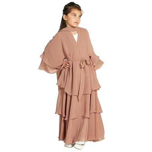 Kids Abayas Dress for Girls Muslim Dress with Hijab Chiffon Layered Islam Kaftan Robe Open Front Cardigan Prayer Dress - color: Khaki, size: 11-12 Years