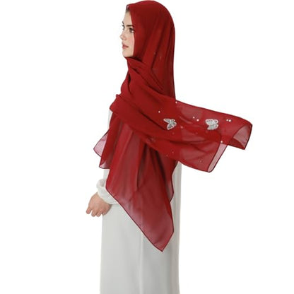 Muslim Prayer Hijab for Women Lightweight Pearl Chiffon Scarfs 3-D Butterfly Embroidery with Glitters Beads Islamic Hijab - color: Wine Red