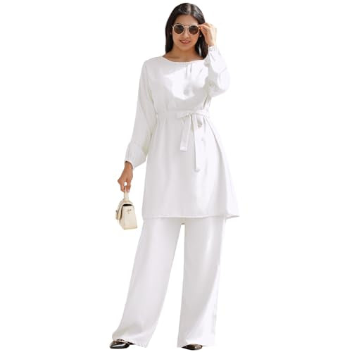 IWEMEK Abayas for Women Muslim Long Sleeve Loose Top Pants 2 Pcs Eid Ramadan Outfits Casual Islamic Muslim Clothes with Belt - color: White, size: Small
