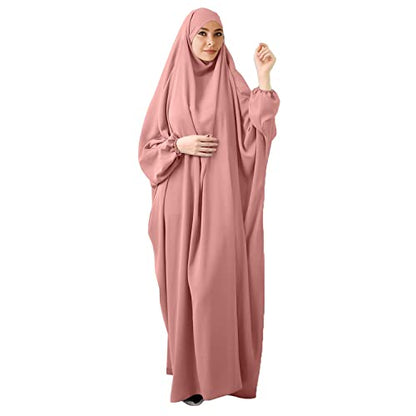 FPOVFPO Womens One-Piece Solid Abaya Muslim Prayer Dress Islamic Maxi Kaftan with Hijab Dubai Full Length Dress - color: Pink