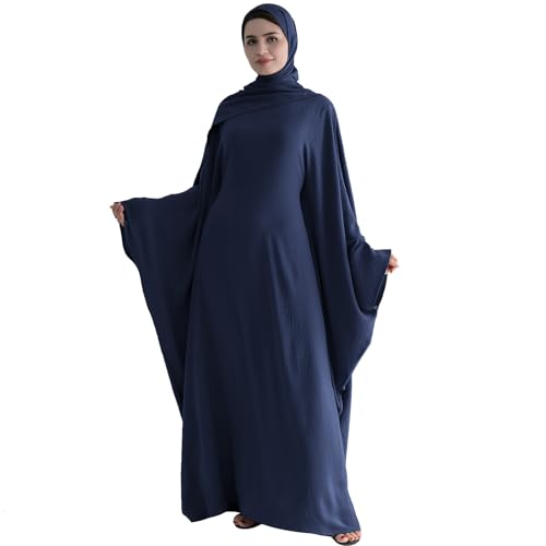 ODIZLI Abayas For Women Muslim Dubai Full Cover Kaftan Shirt Dress Batwing Sleeve Prayer Dress With Hijab - color: Dark Blue+ Hijab, size: Two