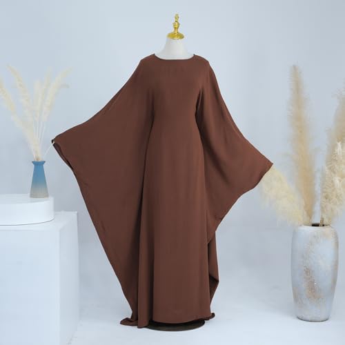 Abaya Dress for Women Soft Crepe Like Linen Khimar Butterfly Batwing Dubai Islam Muslim Kaftan Modest Prayer Dress - color: Coffee, size: Medium