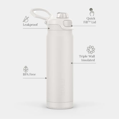 ZULU Powerfill Pro 24oz Stainless Steel Water Bottle with Quick Fill Lid, Triple Walled Vacuum Insulated Metal, Leak Proof Locking Lid, Sip and Chug, Reusable BPA Free, White - color: White, style: 24oz