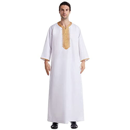 Mens Muslim Robes Long Kaftan Thobe Embroidered Henley Shirts Long Sleeve Nightgown Clergy Caftans - color: White, size: XX-Large