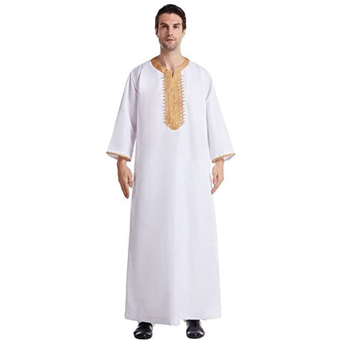 Mens Muslim Robes Long Kaftan Thobe Embroidered Henley Shirts Long Sleeve Nightgown Clergy Caftans - color: White, size: XX-Large