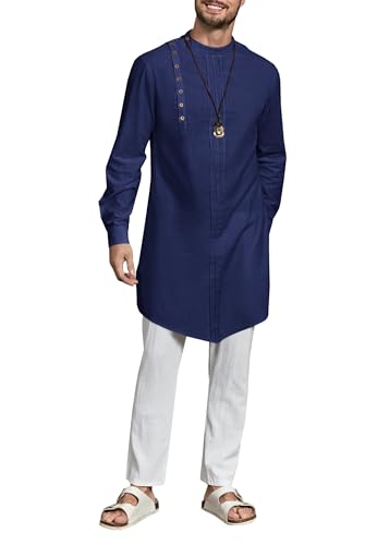 Gafeng Mens Kaftan Thobe Long Sleeve Robe Gown Casual Cotton Linen Button Muslim Shirt - color: Navy, size: XX-Large