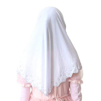 Girls Hijab with Rhinestones – Sparkly Non-Slip Amira Scarf for Kids, for Daily Prayer, School, Ramadan & Eid (Ages 4-12) - color: White