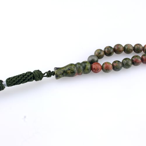 Muslims Islamic Dhikr 99 Tasbeeh Tasbih Prayer Beads, Flower Green Stone Beads with Tassel