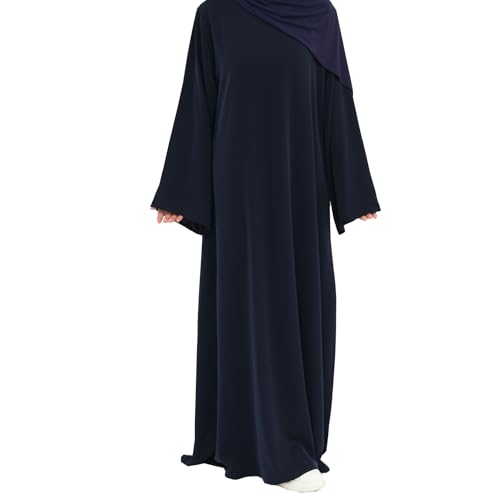 Women Abaya Dress with Belt Muslim Bell Sleeve Robe Islamic Prayer Jilbab | with Belt, A-line Skirt, Bell Sleeve - color: Dark Blue, size: Large