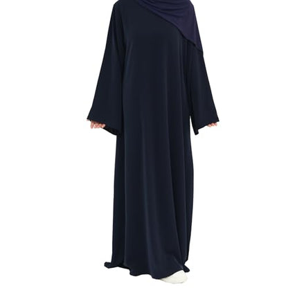 Women Abaya Dress with Belt Muslim Bell Sleeve Robe Islamic Prayer Jilbab | with Belt, A-line Skirt, Bell Sleeve - color: Dark Blue, size: Large