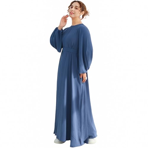 Muslim Women Abaya Dress Breathable Front Zipper&Pockets&Belt Prayer Robe - color: Blue, size: Small