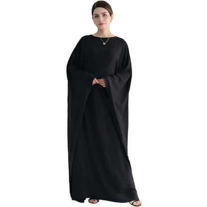 Muslim Abaya Dress Women Middle East Arabian Prayer Robe Batwing Maxi Kaftan Abaya Dress with Hijab - color: Black