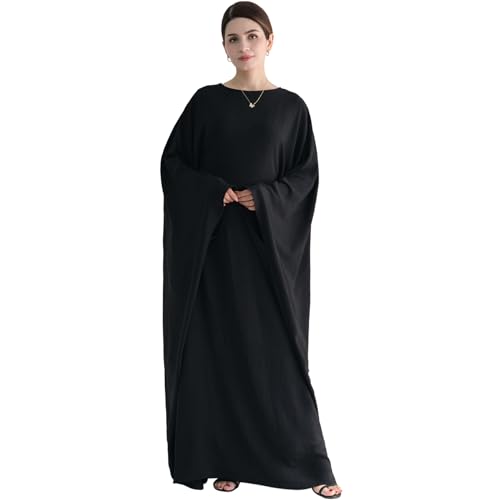 Muslim Abaya Dress Women Middle East Arabian Prayer Robe Batwing Maxi Kaftan Abaya Dress with Hijab - color: Black