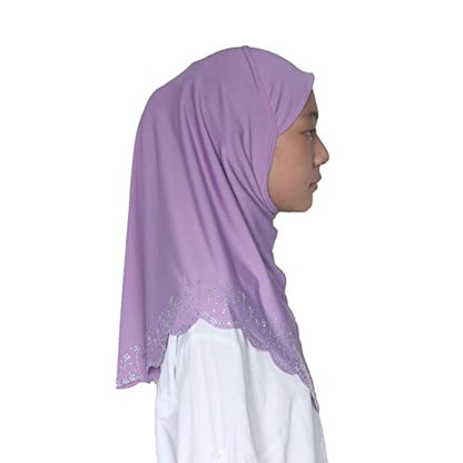 Girls Hijab with Rhinestones – Sparkly Non-Slip Amira Scarf for Kids, for Daily Prayer, School, Ramadan & Eid (Ages 4-12) - color: Lavendar-wavy Edge