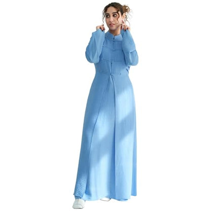 2PCS Women Muslim Abaya Dress Stand Collar Full Coverage Cardigan Dress Set - color: Sky Blue, size: Medium