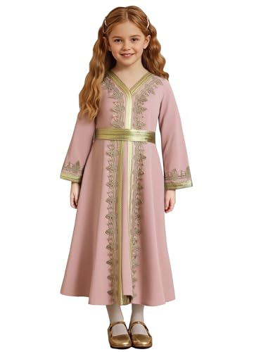 OBEEII Girls Muslim Ramadan Abaya Kids Long Sleeve V Neck Lace Prayer Dress Middle East Arabic Kaftan Dress with Belt - color: Pink, size: 10-11 Years