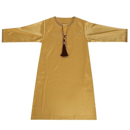 Boys Muslim Clothing Kids Prayer Outfits Long Sleeve Eid Dresses Embroidered Thobe Solid Color Crewneck Arabic Abaya - color: Yellow, size: 9-10 Years