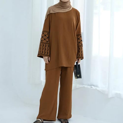 Women's Top + Pants Eid Ramadan Muslim Two-piece Outfits Embroidered Dubai Abaya Islamic Arabic Clothing - color: Coffee, size: X-Small-Small
