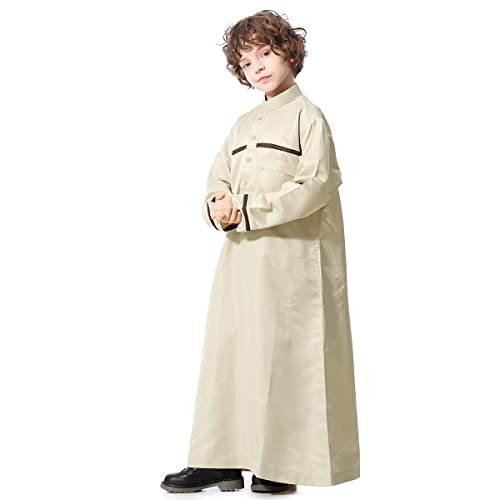 IDOPIP Kids Boys Muslim Thobe Islamic Arabic Kaftan Robe Loose Middle East Prayer Thobes Dress Modest Clothes with Pockets - color: Beige, size: 13-14 Years