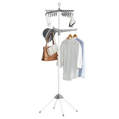 SONGMICS 2단 의류 건조대, 182.9cm(72인치) 접이식 세탁 건조대, 행거용 회전 가능한 팔 3개, 클립 24개, 스테인리스 스틸, 옷 27피스용, 그레이 및 화이트 ULLR512G01 - color: 그레이 + 화이트, style: 2단 클립