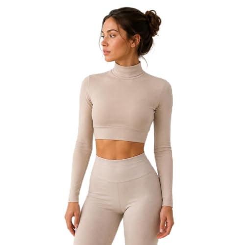 AMAL Muslim Arm Hijab Cotton Cropped Bolero Top for Women, Long Sleeve Mock Neck Modest Layering Shrug - color: Beige, size: Small