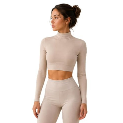 AMAL Muslim Arm Hijab Cotton Cropped Bolero Top for Women, Long Sleeve Mock Neck Modest Layering Shrug - color: Beige, size: 3X-Large