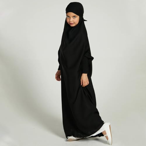 IDOPIP Muslim Dress for Girls One Piece Long Sleeve Islamic Prayer Dress with Hijab Casual Maxi Kaftan Abaya Gown Clothes - color: Black, size: 12-13 Years