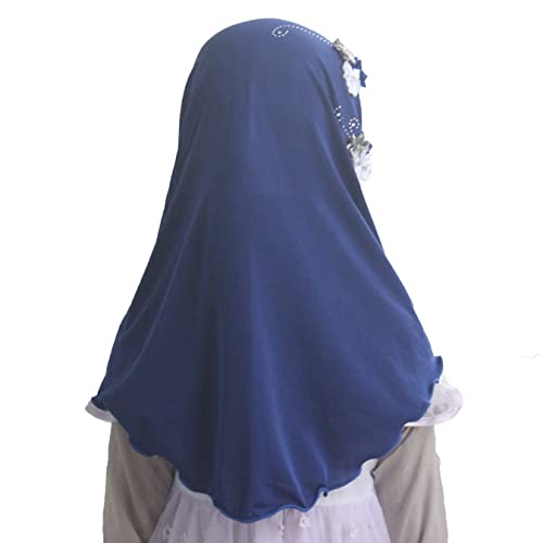 Instant Hijab for Kids Girls Hijabs Muslim Islamic Head Scarf with Rhinestone and Flowers - color: Blue