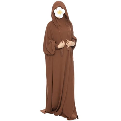 khalat Muslim Prayer Dress Abaya Solid One-Piece Hoodie Abaya Dress for Women Long Maxi Dress Islamic Dubai Jilbab - color: Coffee