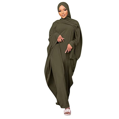 Muslim Dress for Women Pakistani Kaftan Abaya Robe + Hijab Arabic Islamic Prayer Clothes Dubai Outfits - color: Army Green Set