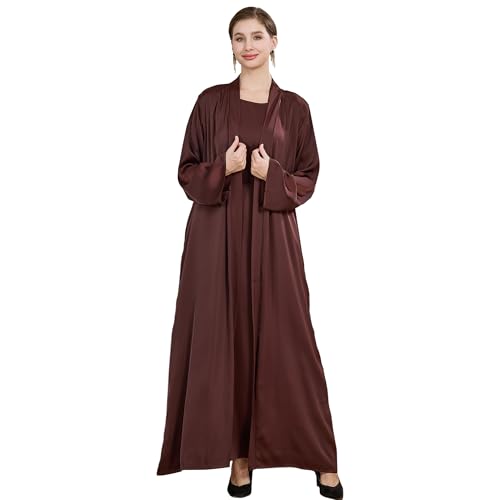 Islamic Abaya Dress for Women Muslim Maxi Abayas 2pcs Silky Fashion Dress Set Daily Kaftan Jilbab Outfit Women Eid Robe - color: Browna, size: Large