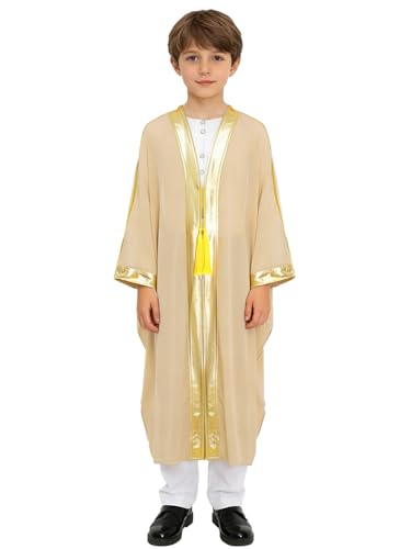 Kids Boys Muslim Thobe Satin Loose Kaftan Robes Long Sleeve Prayer Dress for Ramadan Eid Celebrations - color: Nude, size: 16 Years