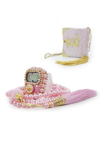 ihvan online Mini Velvet Quran Set with Islamic Finger Counter, Portable Digital Tasbeeh, Muslim Prayer Beads, Pearl Zikirmatic Beads, 3 Pieces Gift Set for Mevlüt (Pink) - color: Pink