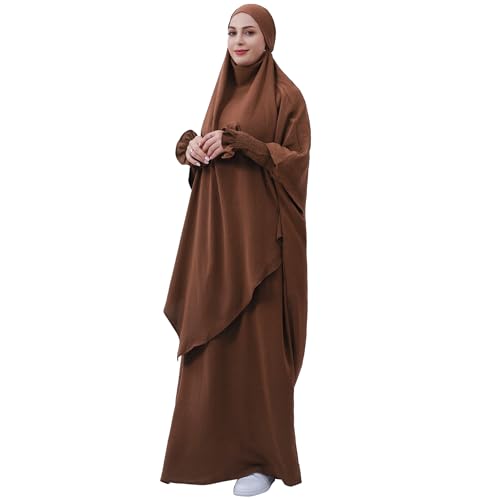 khalat Womens Muslim Prayer Dress Front Zipper Kaftan Islamic Robe Modest Solid Abayas for Women Muslim - color: Coffee+hijab