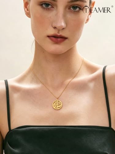 TEAMER Islam Muslim Quran Pendant Necklace Stainless Steel Ayatul Kursi Necklace Arabic Calligraphy Ramadan Eid Allah Jewelry For Women - color: Gold