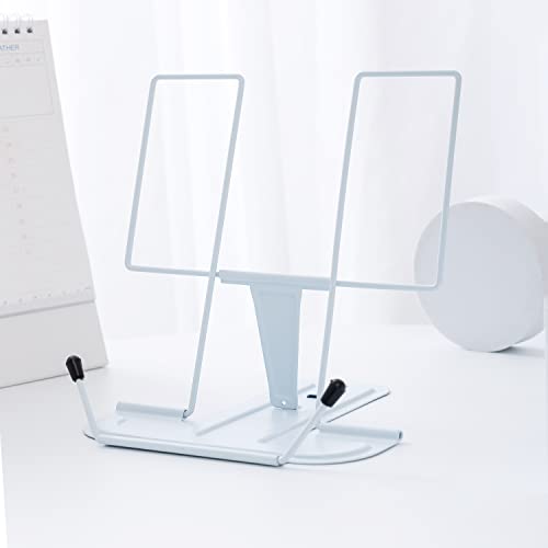 Metal Book Stand for Desk, Adjustable Reading Rest Book Holder, Portable Cookbook Documents Holder, Sturdy Typing Stand for Recipes Textbooks Tablet Music Books with Page Clips (Light Blue) - color: Light Blue