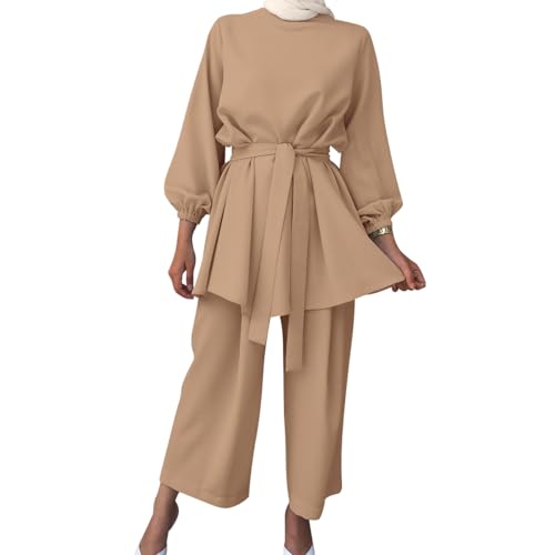 IWEMEK Abayas for Women Muslim Long Sleeve Loose Top Pants 2 Pcs Eid Ramadan Outfits Casual Islamic Muslim Clothes with Belt - color: Khaki, size: Small