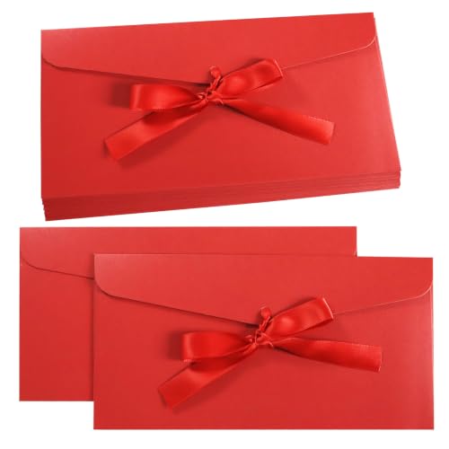 10 Pack Red Thick Pearlescent Color Envelopes With Ribbons - color: Red