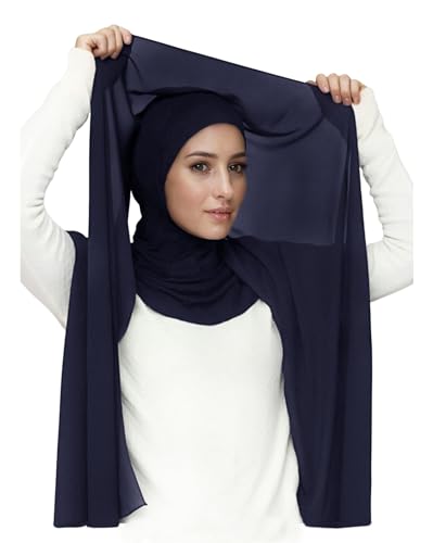 Lina & Lily Flowy Chiffon Instant Hijab Scarf Attached Jersey Ninja Undercap Full Coverage for Muslim Women - color: Navy Blue